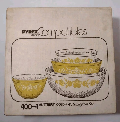 NUOVO set 4 ciotole di miscelazione vintage Pyrex Compatibles 400-4 farfalla oro scatola aperta