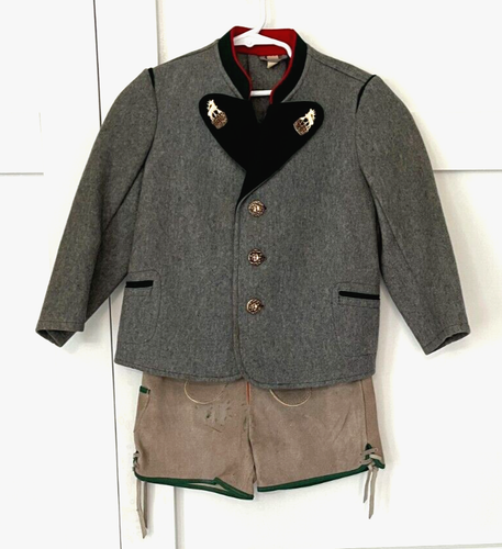 VINTAGE JUNGEN GARANTIERT BAYERISCHES OKTOBERFEST LEDERHOSE WILDLEDER SHORTS/WOLLJACKE SET