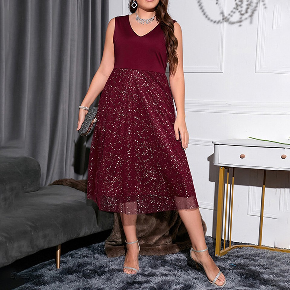 Plus Size Women Sleeveless Midi Dress Ladies Cocktail Party Evening