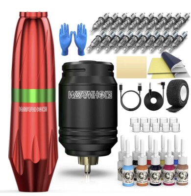 FULL KIT Complete WIRELESS Tattoo Kit Color Inks Tattoos Machine Gun PEN  Set