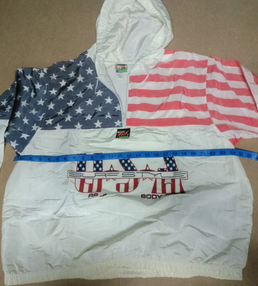 Vintage Windbreaker Surf Style Jacket One Size America Flag USA 1/4 Zip Pullover - Image 4 of 4