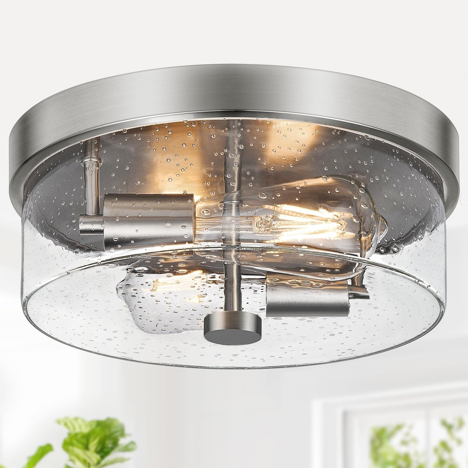 2-light Flush Mount Ceiling Light With Seeded Glass Shade
