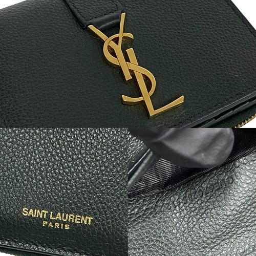 Portefeuille YVES SAINT LAURENT YSL logo métal double pli cuir vert liquidation 21925
