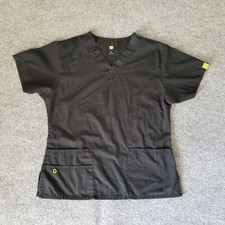 WonderWink Women Scrub Top Small Black Front Pockets V-Neck Short Sleeves Logo