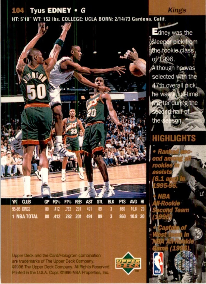 1996-97 Upper Deck Tyus Edney Basketball Cards #104 - Image 2 of 2