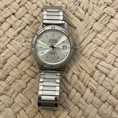 Vintage Guess Waterpro Watch Silver Stainless Steel Date Quartz Men s 