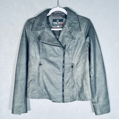 Vera Pelle Leather Jacket Womens M Gray Green Full Zip Moto Italy