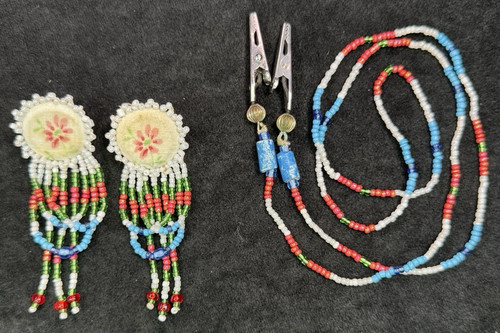 Prairie Bloom Handmade Beaded Fringe Earrings + Glasses Strap Red Green Folk Art