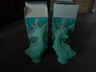 2x Vintage Avon Green Milk Glass Koi Fish Bath Oil Decanter Jadeite Bottles
