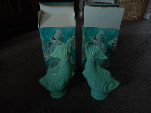 2x Vintage Avon Green Milk Glass Koi Fish Bath Oil Decanter Jadeite Bottles