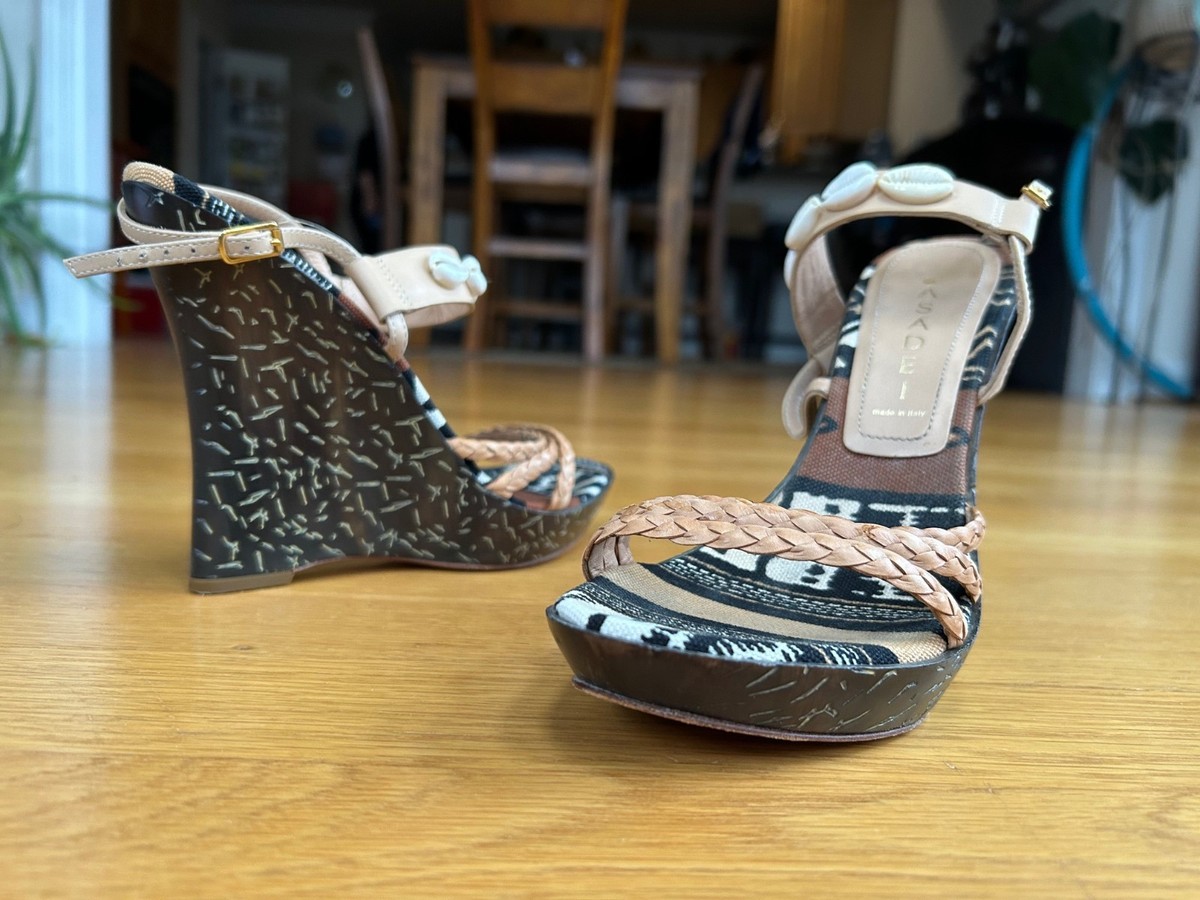 CASADEI Black Tribal & Geometric Print Cowrie Shell Wedge Sandals