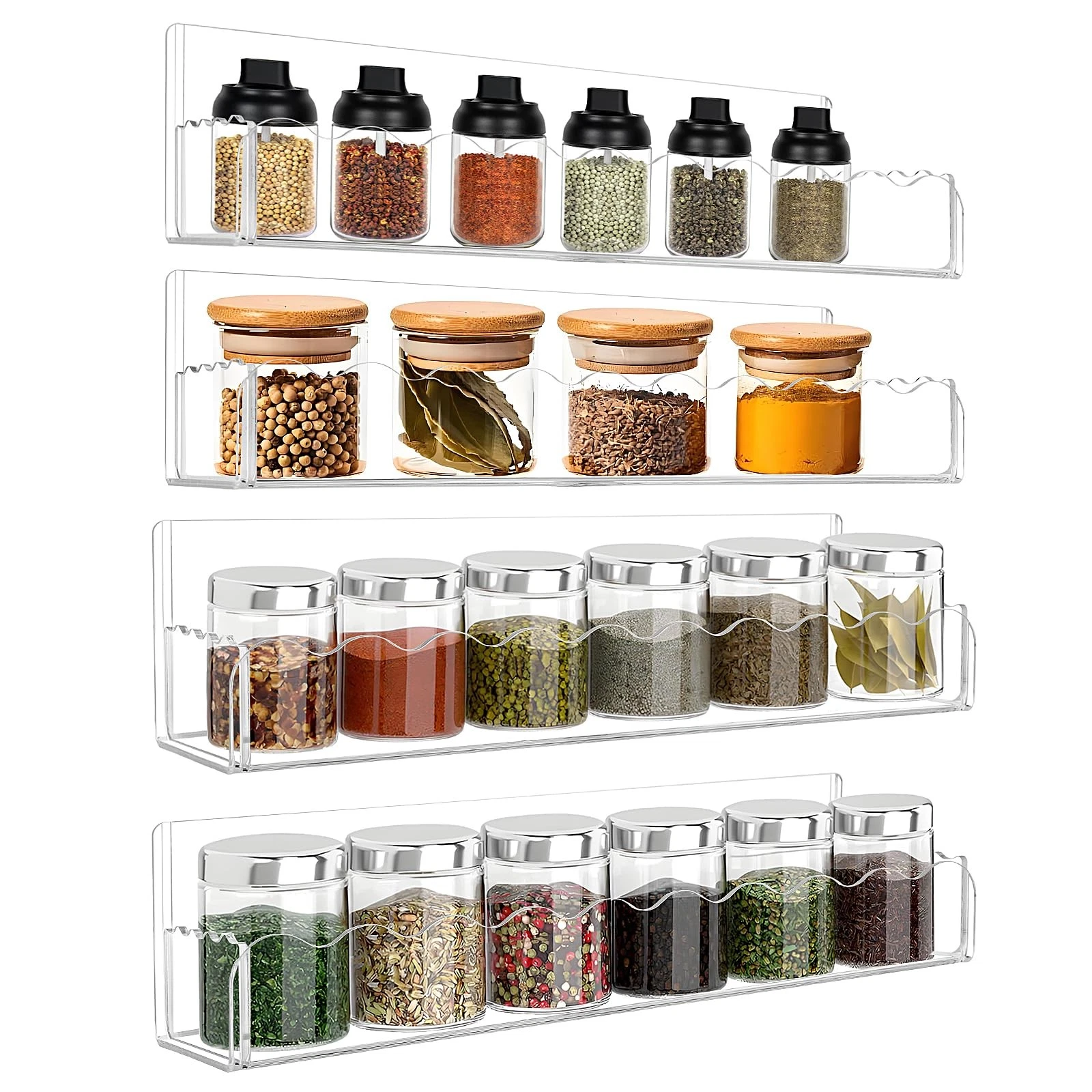 4 PCS Clear 12 Inch Spice Rack Wall Mounted Organizer Shelf Cabinet Pantry RV