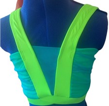 Child Size 12 Line Up Cheer Dance Crop Lime, Green Trim turquoise mesh