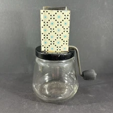 Vintage Androck Nut Grinder Chopper Starburst Blue Glass Jar Made in USA #49