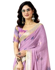 Women's Cotton Linen Printed Ready To Wear With Pocket Saree with Blouse Piece