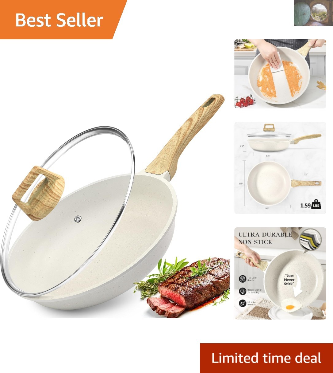 9.5-Inch Nonstick Frying Pan with Lid - Works on Gas Electric Induction Stoves