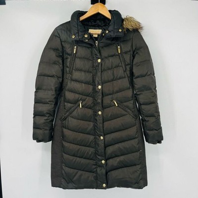 Michael Kors Gunmetal Faux-Fur-Trim Hooded Chevron Down Puffer Parka Coat Small