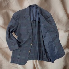 Pierre Balmain 90s Vintage Navy Green Windowpane Plaid Tailored Jacket