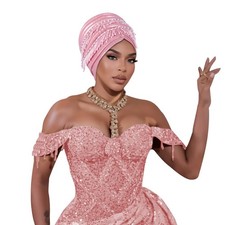 African Women Headwrap Turban Cap Headtie Multi-Layer Tassels Nigerian Headwear