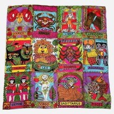 1960s Zodiac Silk Scarf Glentex Psychedelic Horoscope Mod Hand Rolled Japan