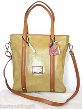 NEW-VALENTINA GOLD SUEDE+COGNAC LEATHER TRIM N/S TOTE,CROSSBODY,HAND BAG-ITALY