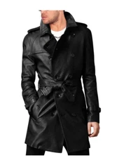 MEN'S STYLISH BELTED BLACK LONG REAL LEATHER TRENCH COAT