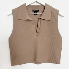 Sincerely Jules Ribbed Sleeveless Collared V-Neck Top Casual Preppy Beige XL