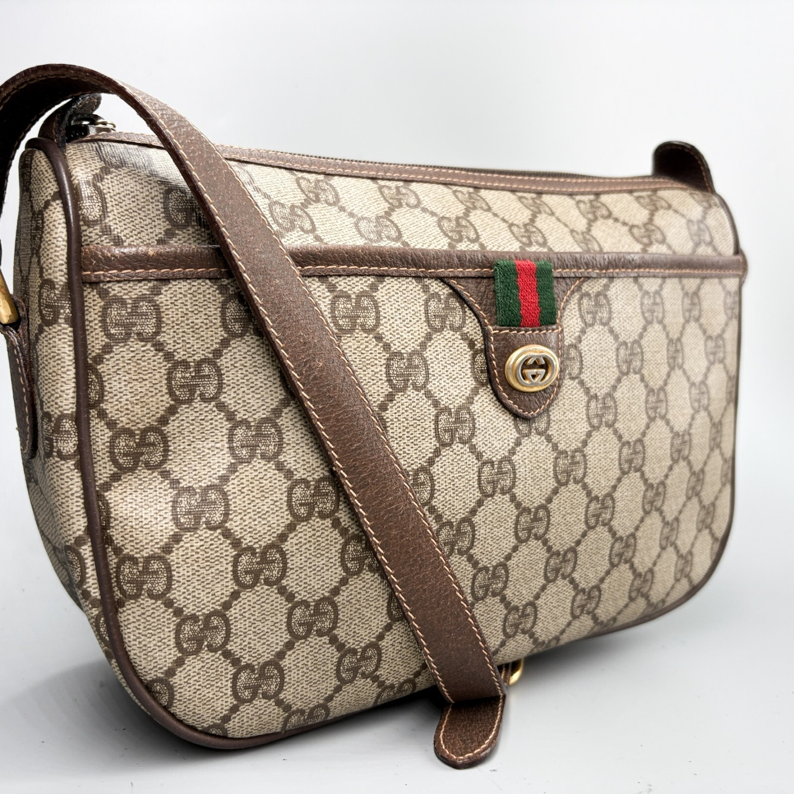 Gucci Sherry Line Brown PVC Leather Crossbody Shoulder Bag