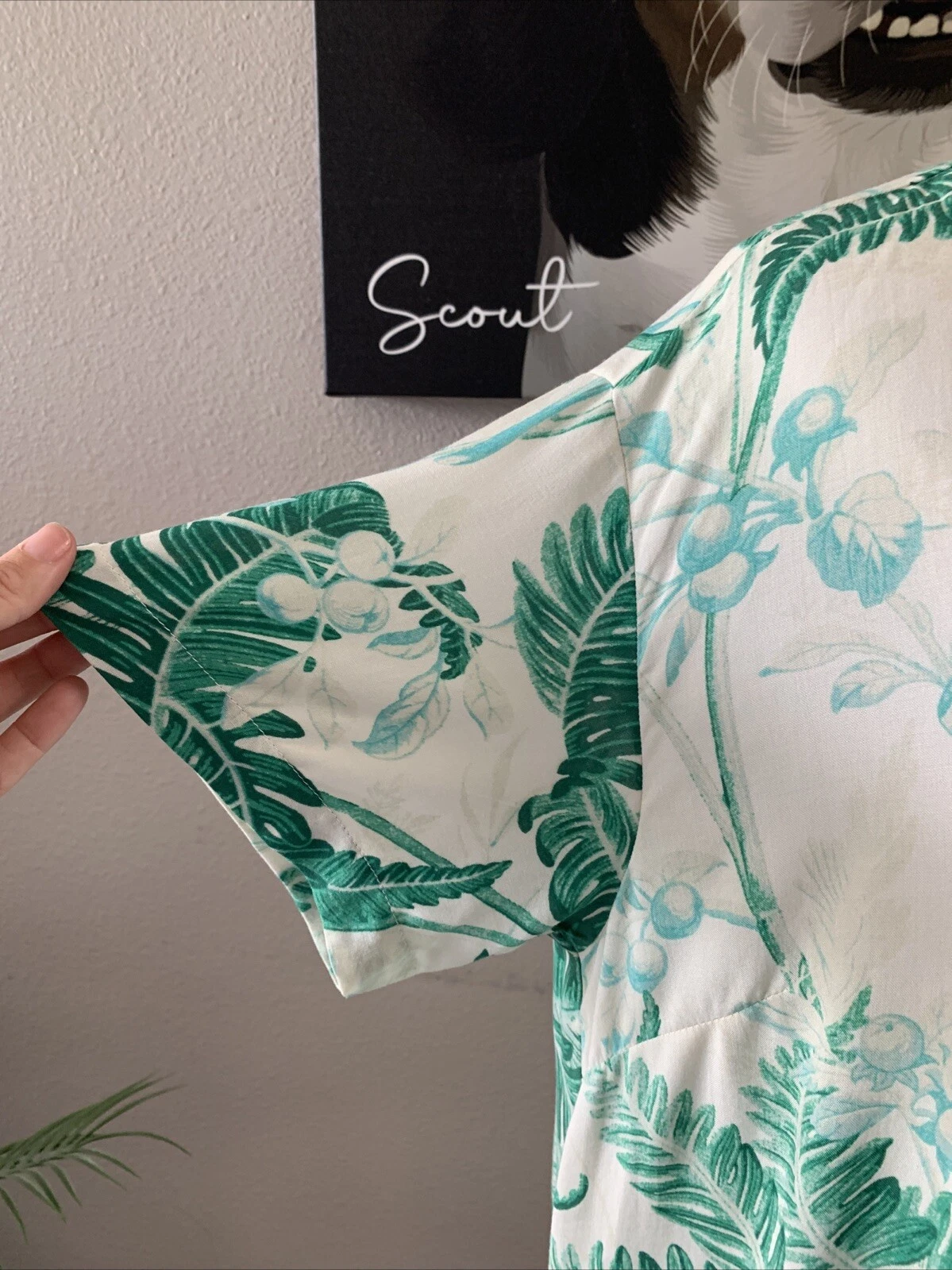 OFF WHITE Abito copricostume tunica H&M bianco sporco verde manica corta foglia di palma tropicale taglia S