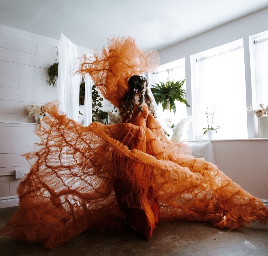 Custom Orange Rust Ember Ruffle Dramatic Corset T… - image 11