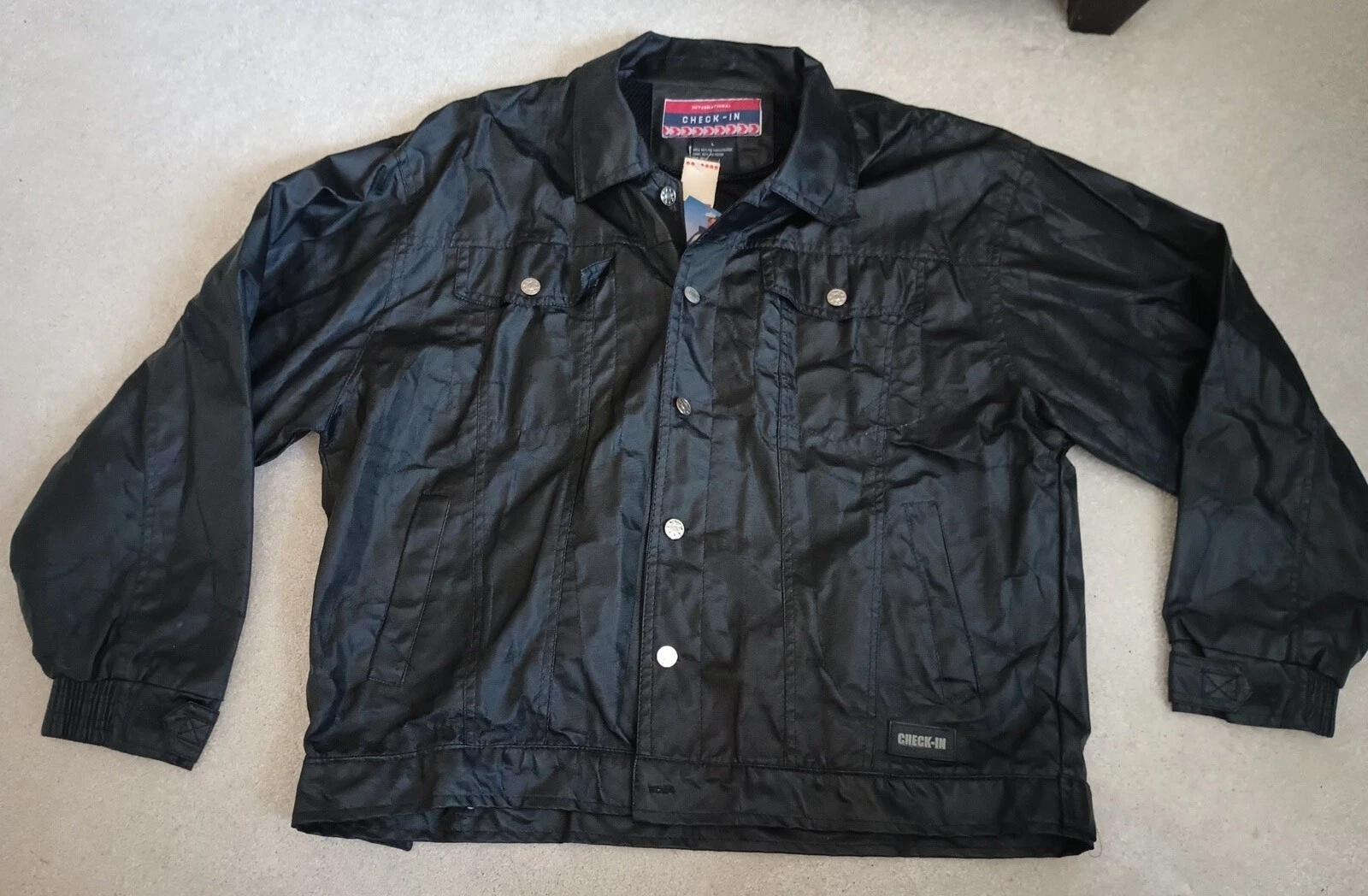 90's Check-In International Mens Black Jacket Size XL Waterproof Polyvinylchlor
