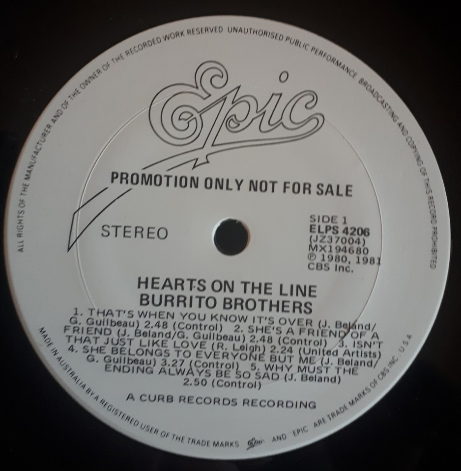 BURRITO BROTHERS HEARTS ON THE LINE AUSTRALIAN WHITE LABEL PROMO LP eBay