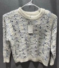 NEW FRNCH Woven Knit Metallic Thread Crewneck Sweater Cream Blue Size S/M