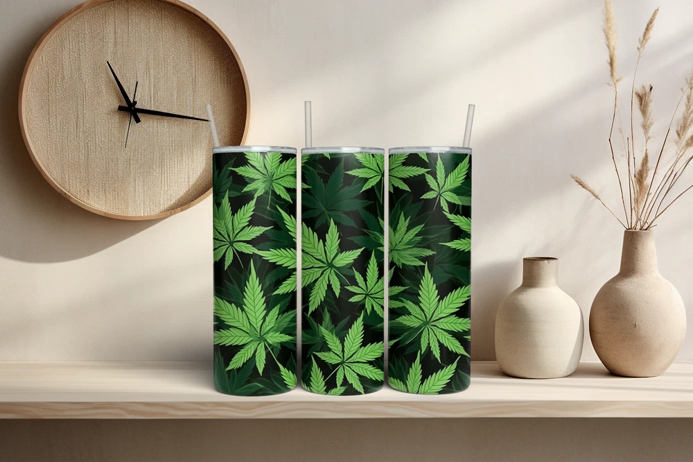 Tumbler Skinny 20oz  w/ Lid & Straw  Weed Leaf Cannabis Marijuana 420