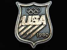 QA11153 VINTAGE 1980 USA OLYMPICS SPORTS COMMEMORATIVE BRASSTONE BELT BUCKLE
