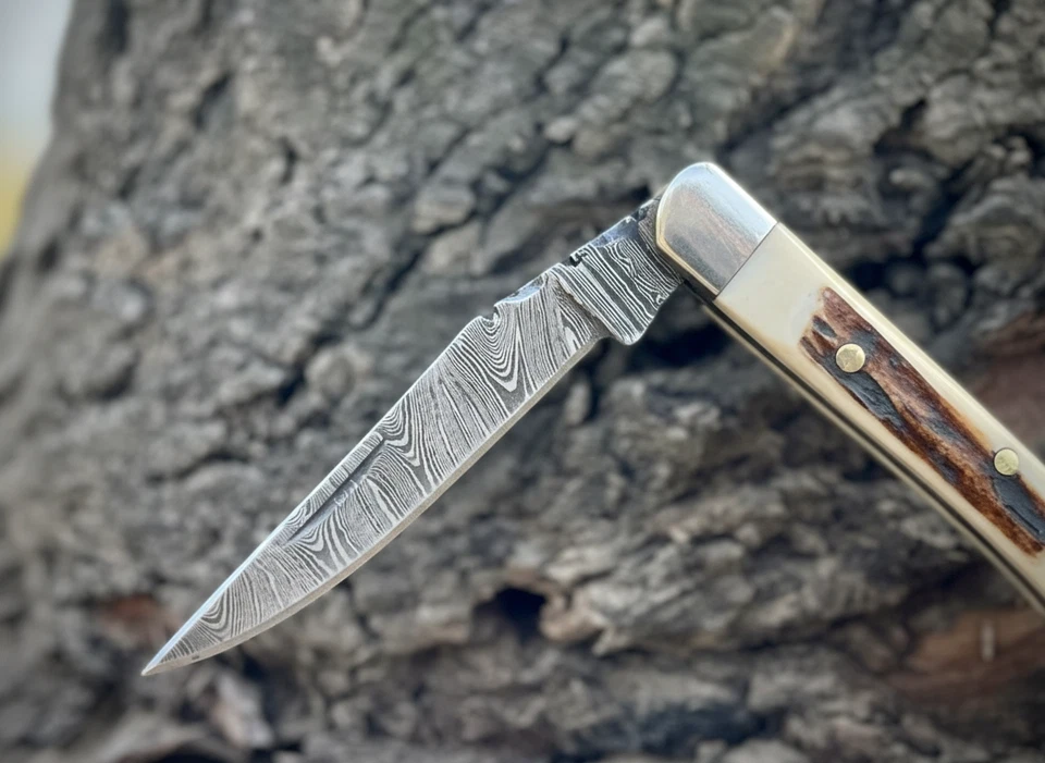 Hand Forged Damascus Steel Texas Toothpick Folding Pocket Knife Stag Handle - Image 2 of 4