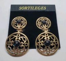 Vintage Deadstock Sortileges Gold Tone Black Enamel Ornate Clip On Earrings