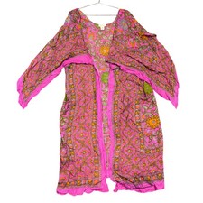 Free People Kimono Women OS Pink Floral Paisley Rayon Wrap Duster Boho Festival