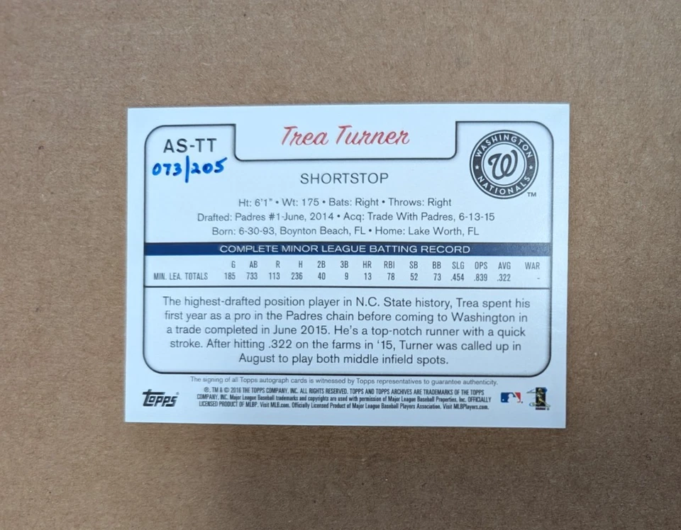 2016 Topps Archives Snapshots Card AS-TT Trea Turner Rookie Signed Auto /205 - Image 2 of 2