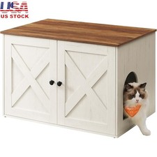 Cat Litter Box Enclosure Furniture W/ Barn Doors Private Space Stylish Design US