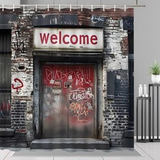 Urban Graffiti Welcome Door Shower Curtain Rustic Street Art Bathroom Decor with