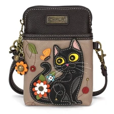 NEW CHALA BROWN BLACK CAT KITTEN FLOWERS CELL PHONE CROSSBODY PURSE