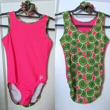 Plum Practicewear Gymnastics Leotard Kiwi Pink Flip Side Plus Scrunchie Size AS