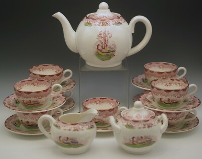 SARREGUEMINES FRANCE FAIENCE BIRDS OF PARADISE 21 PCS TEA SET TEAPOT CUPS C.1930