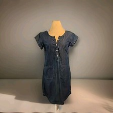 Womens Gap Denim Jean Dress Dark Blue Size XS Roll Tab Sleeves Scallop Hem