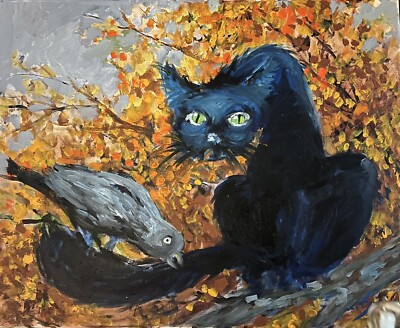 Halloween Cat With Crow 20'' x 16'' Original Oil Painting On Canvas Eva Szorc