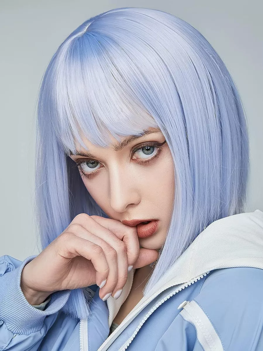 Short Straight Bob Wig Light Blue Hair Wigs with Bangs for Women