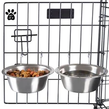 Set of 2 Stainless-Steel Dog Bowls - Cage, Kennel, and Crate Hanging Pet Bowl...