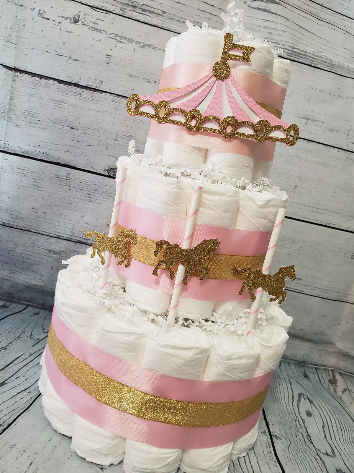 Diaper Cake - Carousel Merry Go Round Theme - Blue Pink Gold and Silver Options