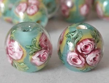 10pcs handmade Lampwork glass Beads flower round blue rose 14mm